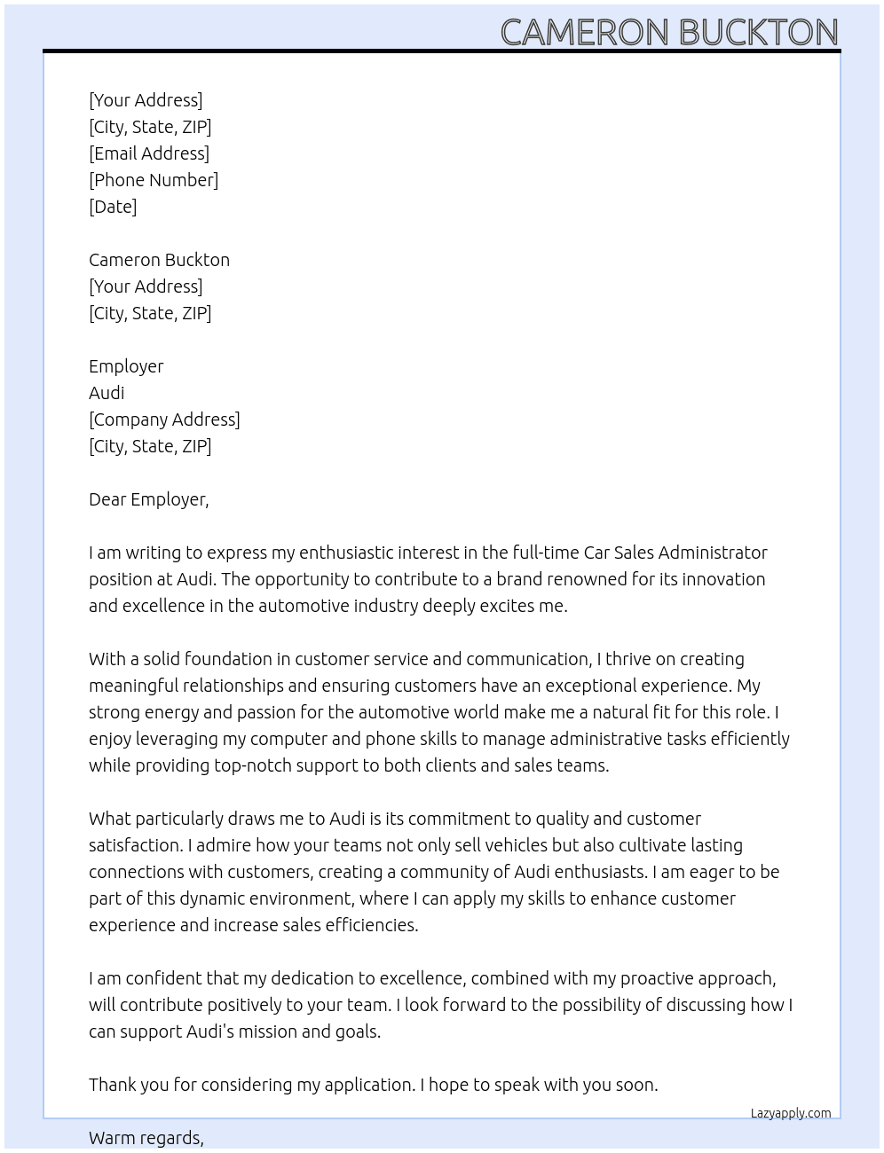Car sales administrator  At Audi Cover Letter