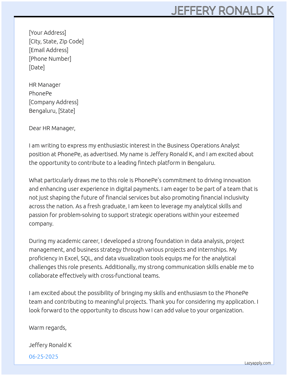 Business Operations Analyst  At  PhonePe Cover Letter