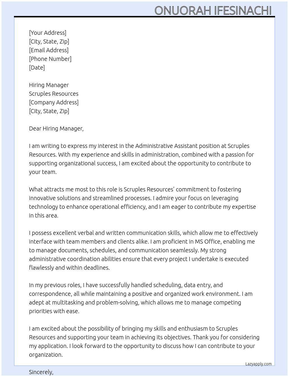 Administrative assistant At Scruples Resources Cover Letter