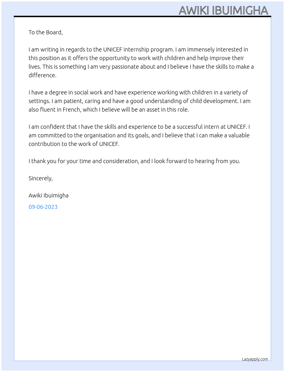 UNICEF internship program  At UNICEF Cover Letter