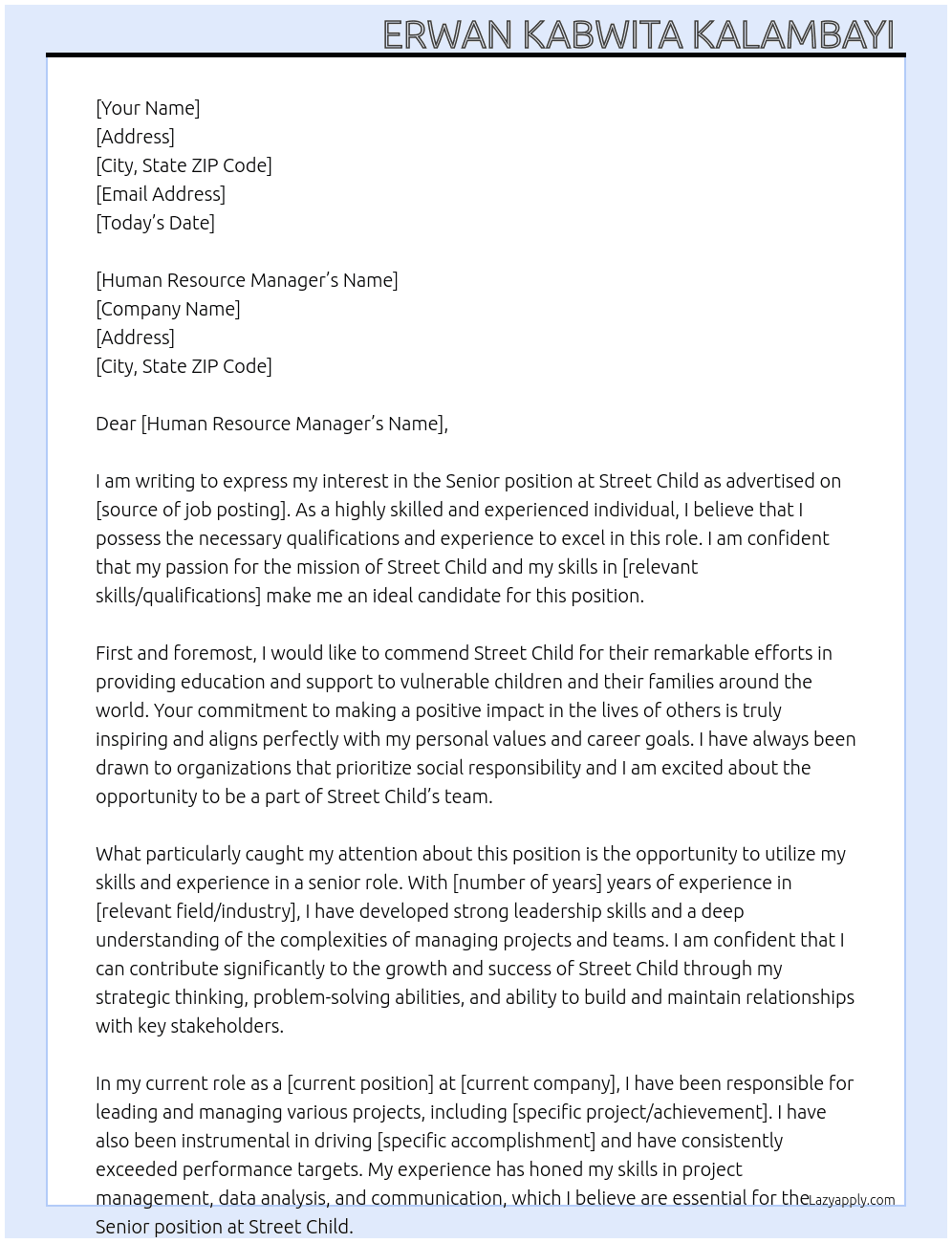 Senior  At Street child  Cover Letter