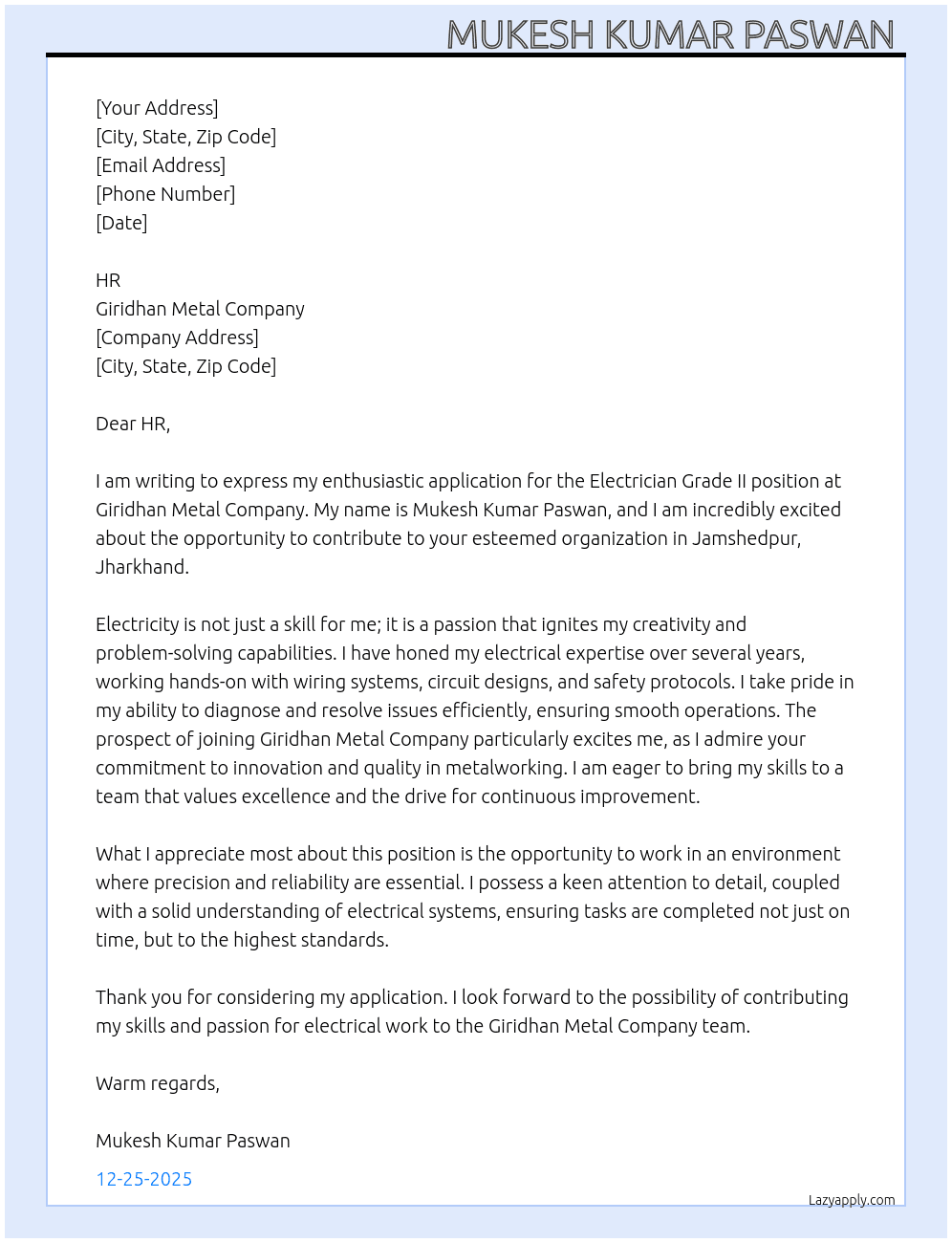 Cover letter for electrician grade ll - LazyApply