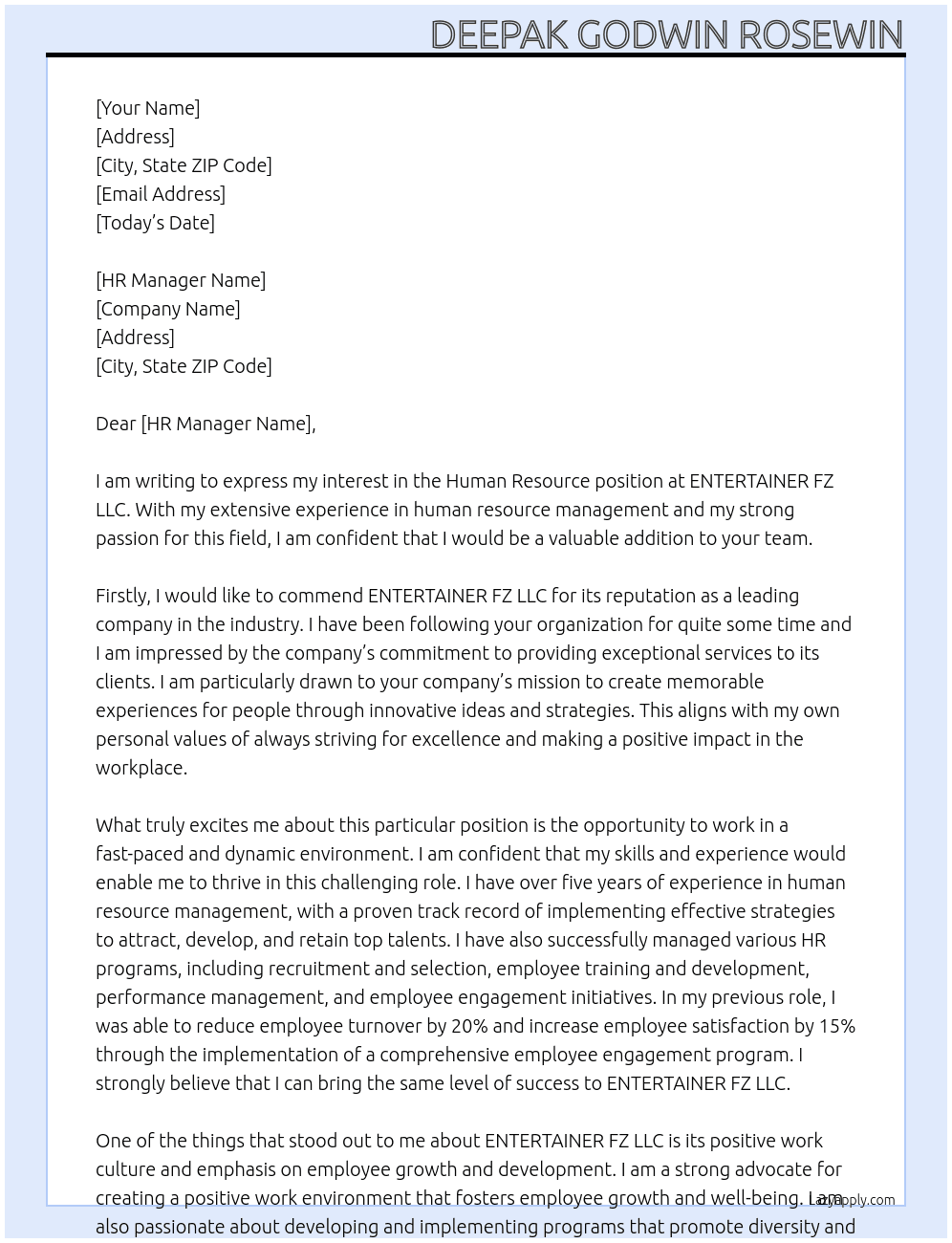 Human Resorce  At ENTERTAINER FZ LLC Cover Letter