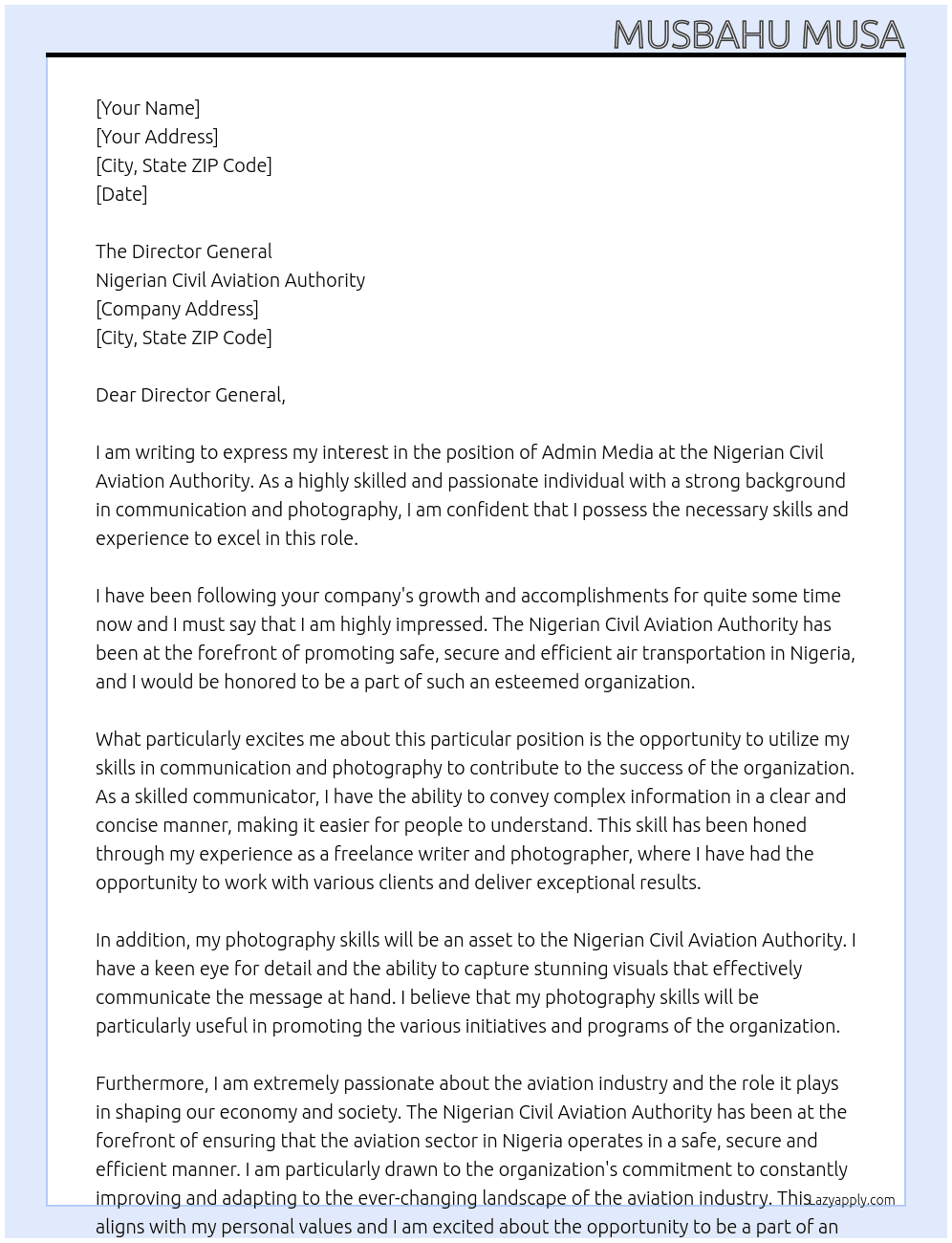 Admin Media  At Nigerian Civil Aviation Authority  Cover Letter