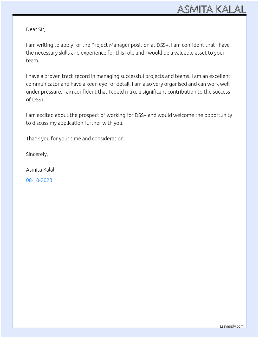 Project manager  At DSS+ Cover Letter
