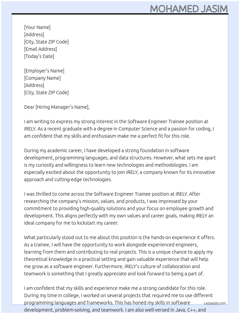 software engineer trainee At iRELY Cover Letter