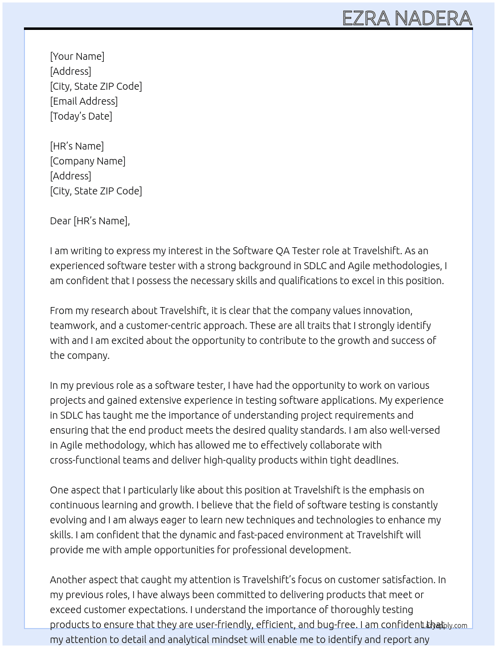 software tester At travelshift Cover Letter
