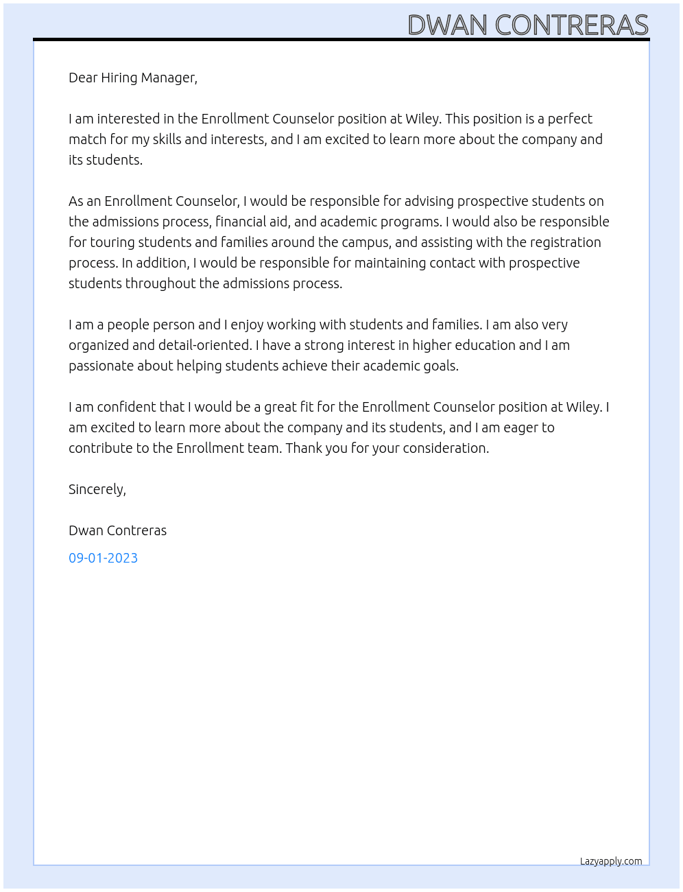 Enrollment Counselor At Wiley Cover Letter