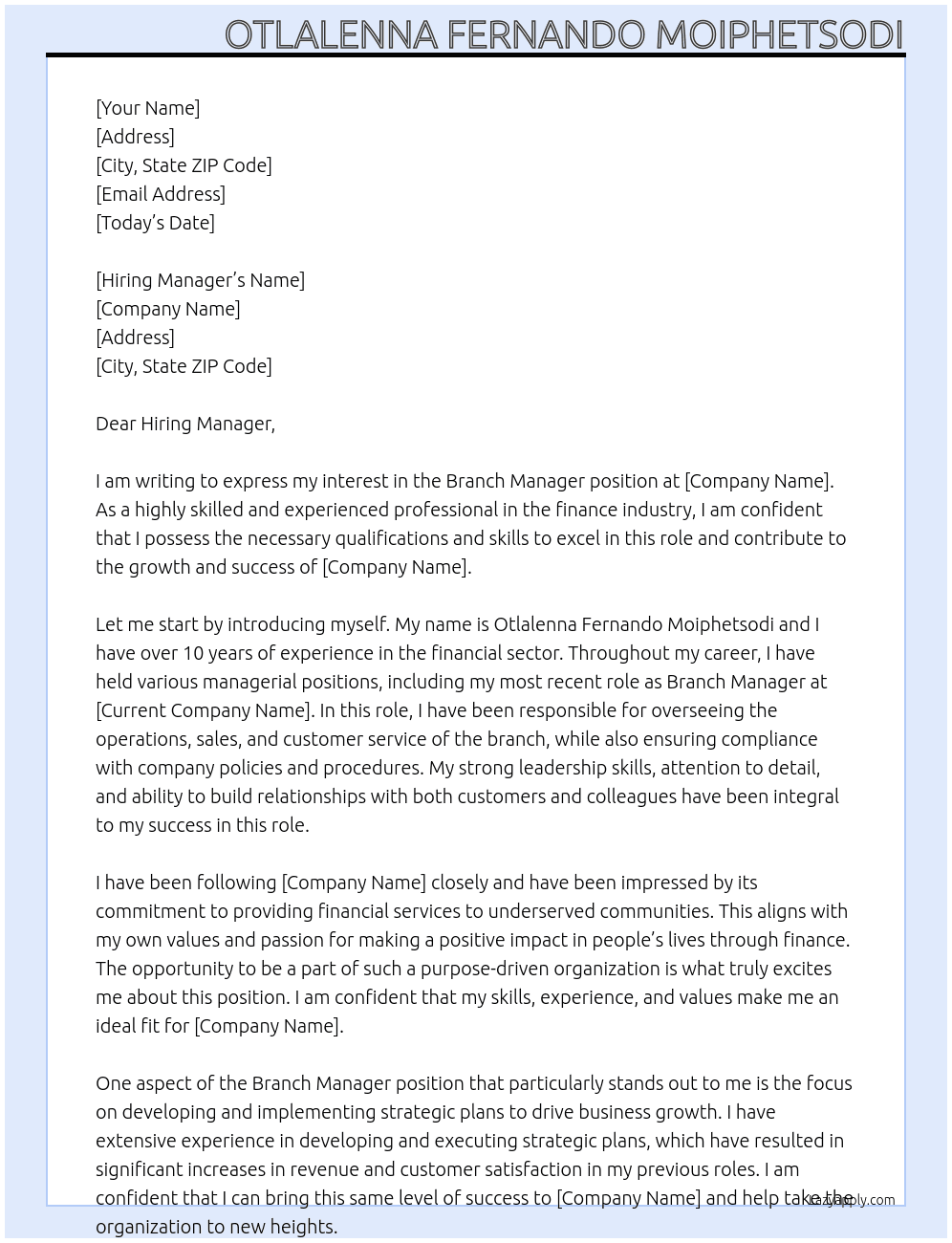 branch manager At Letshego Cover Letter
