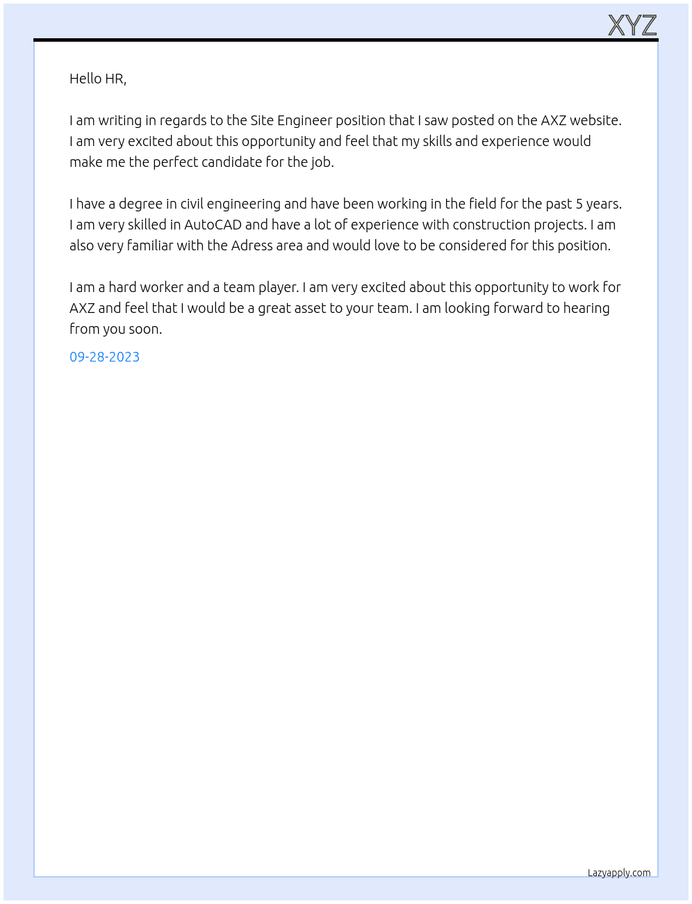Site engineer At AXZ Cover Letter