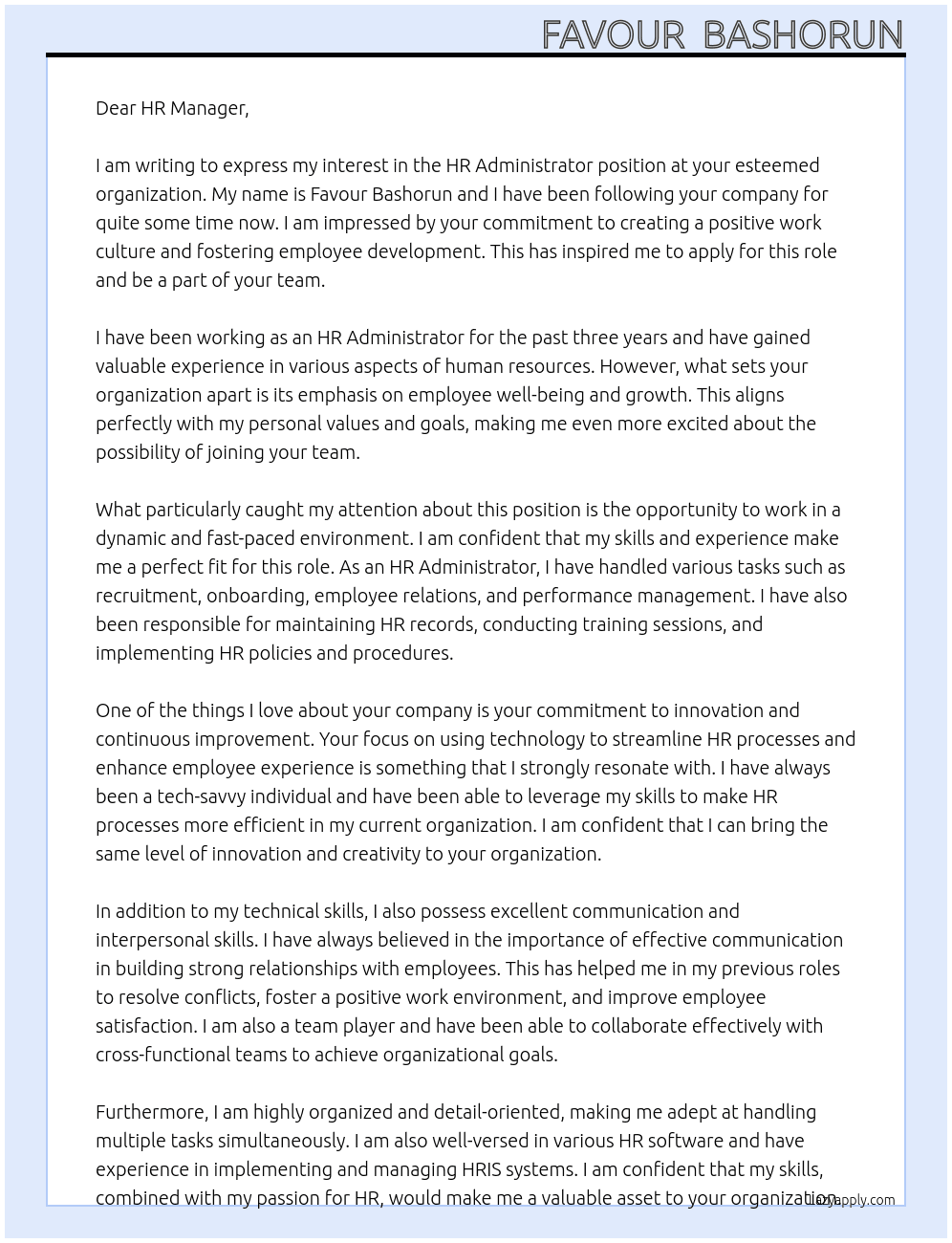 HR Administrator At organisation Cover Letter