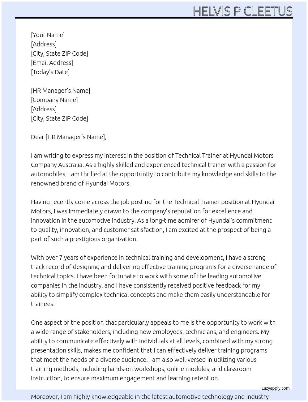 Technical Trainer  At Hyundai Motors company Australia  Cover Letter