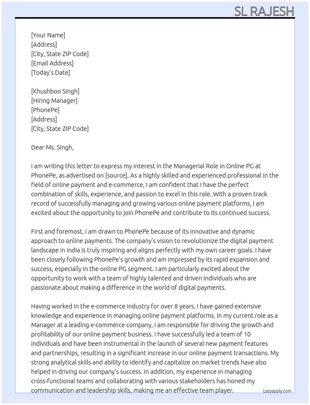 Cover letter for managerial role in online pg - LazyApply