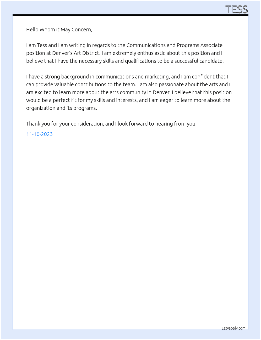 Communications and Programs Associate At Denver's Art District Cover Letter