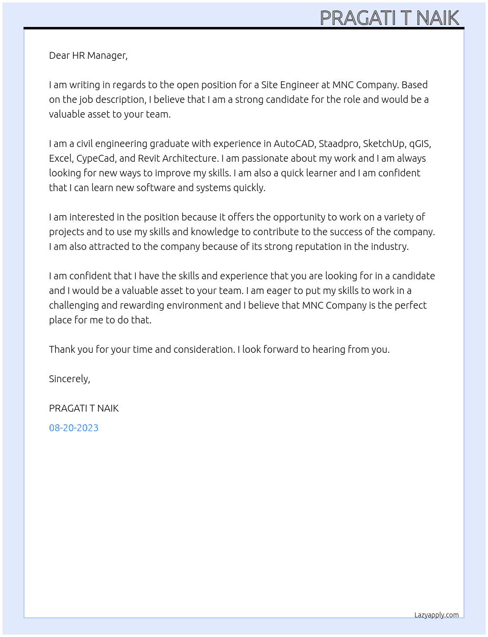 Site Engineer  At MNC Company  Cover Letter