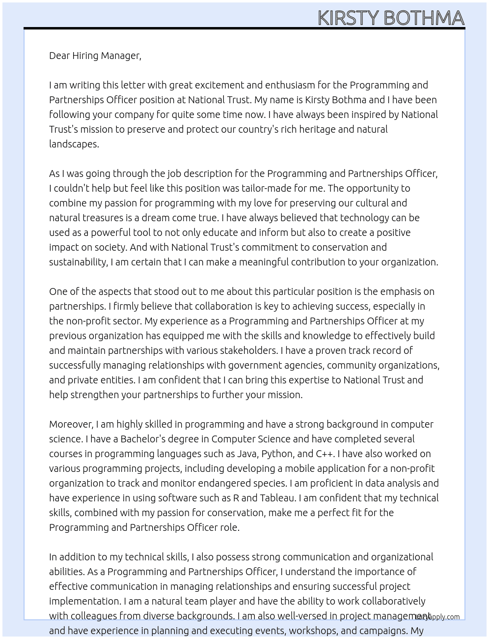 Programming and Partnerships Officer  At National Trust Cover Letter