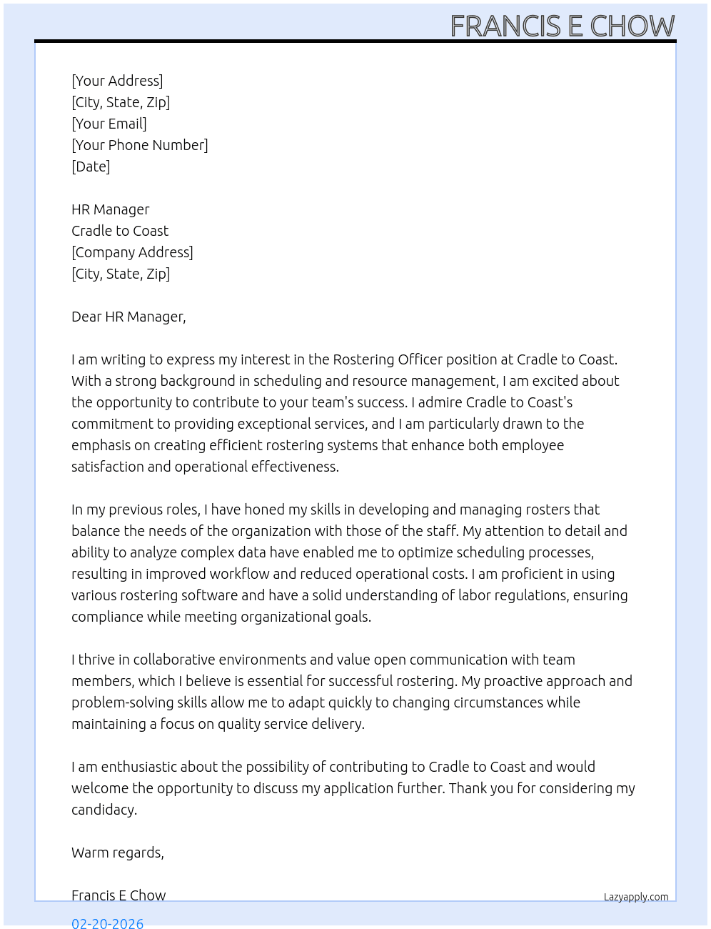 Rostering officer At Cradle to Coast Cover Letter