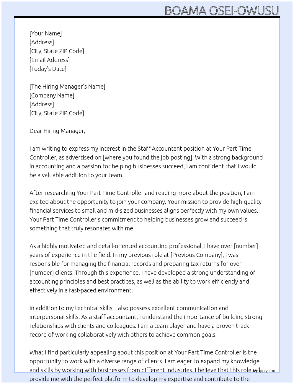 Staff Accountant At your part time controller Cover Letter