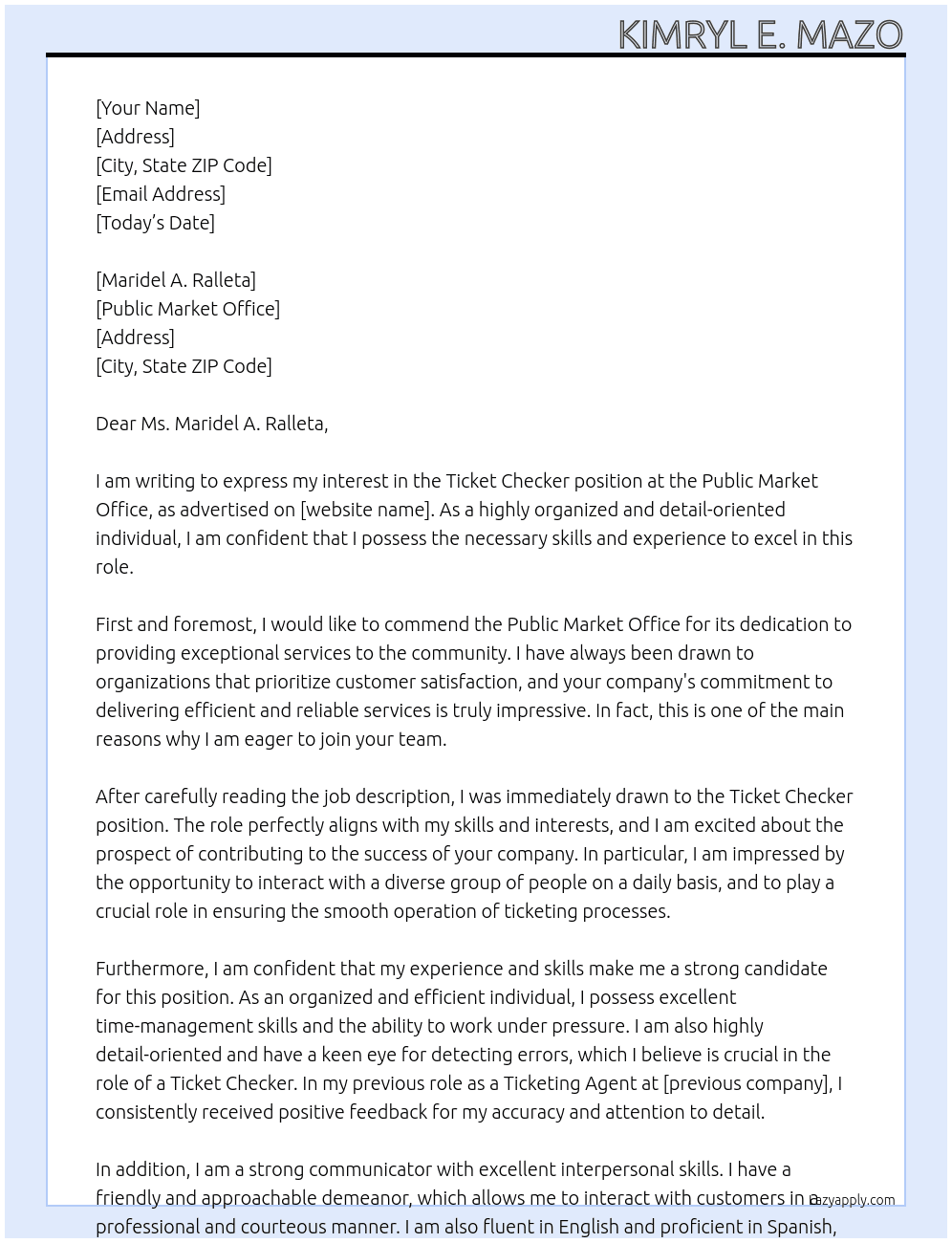 Ticket Checker At Public Market Office Cover Letter
