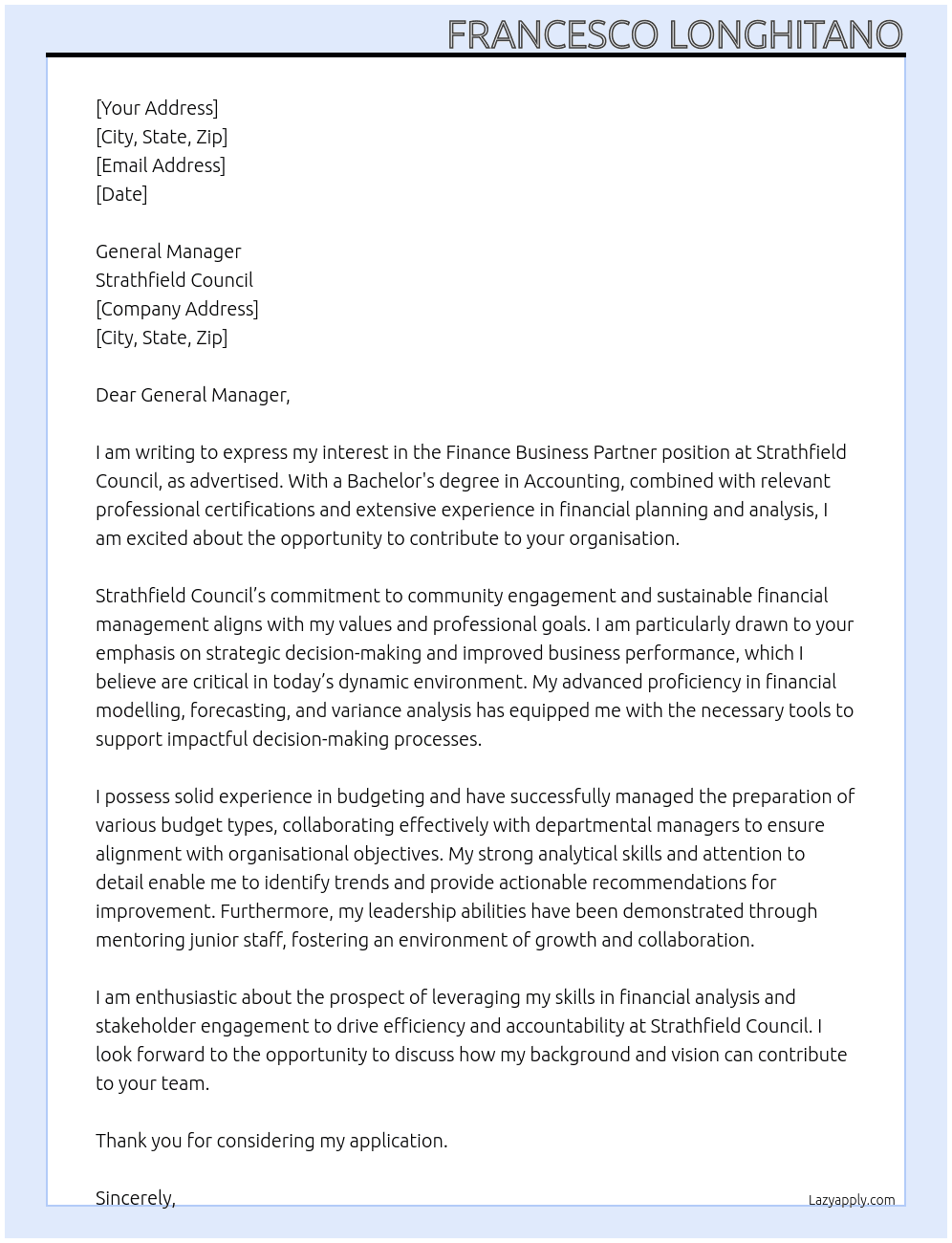 Finance Business Partner At Strathfield Council Cover Letter