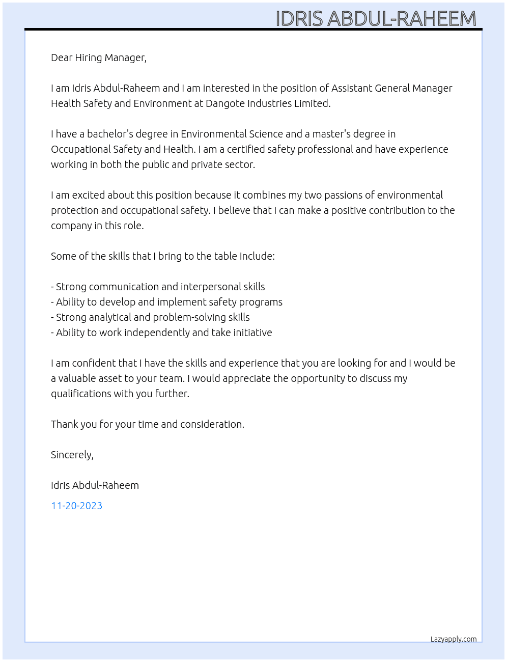 Assistant General Manager Health Safety and Environment At Dangote Industries Limited  Cover Letter