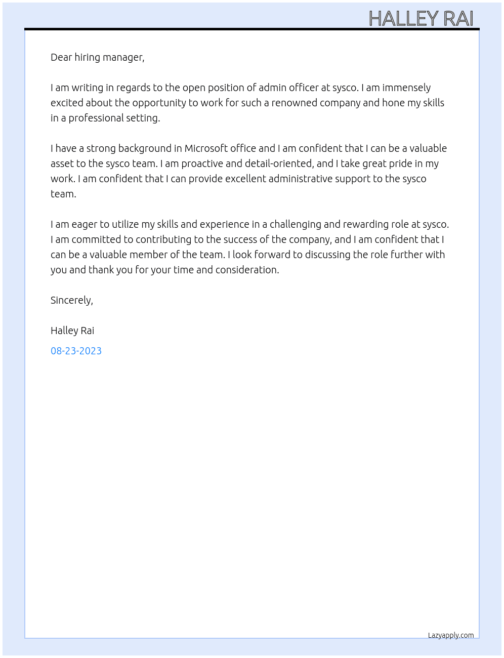 admin officer  At sysco Cover Letter