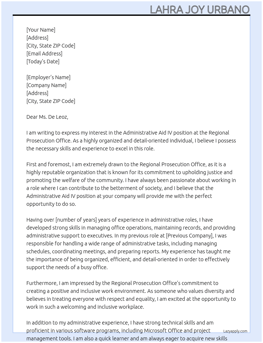 administrative aid iv At Regional Prosecution Office Cover Letter