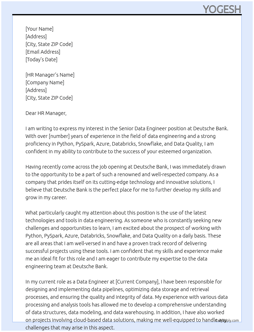Senior Data Engineer At Deutsche Bank Cover Letter