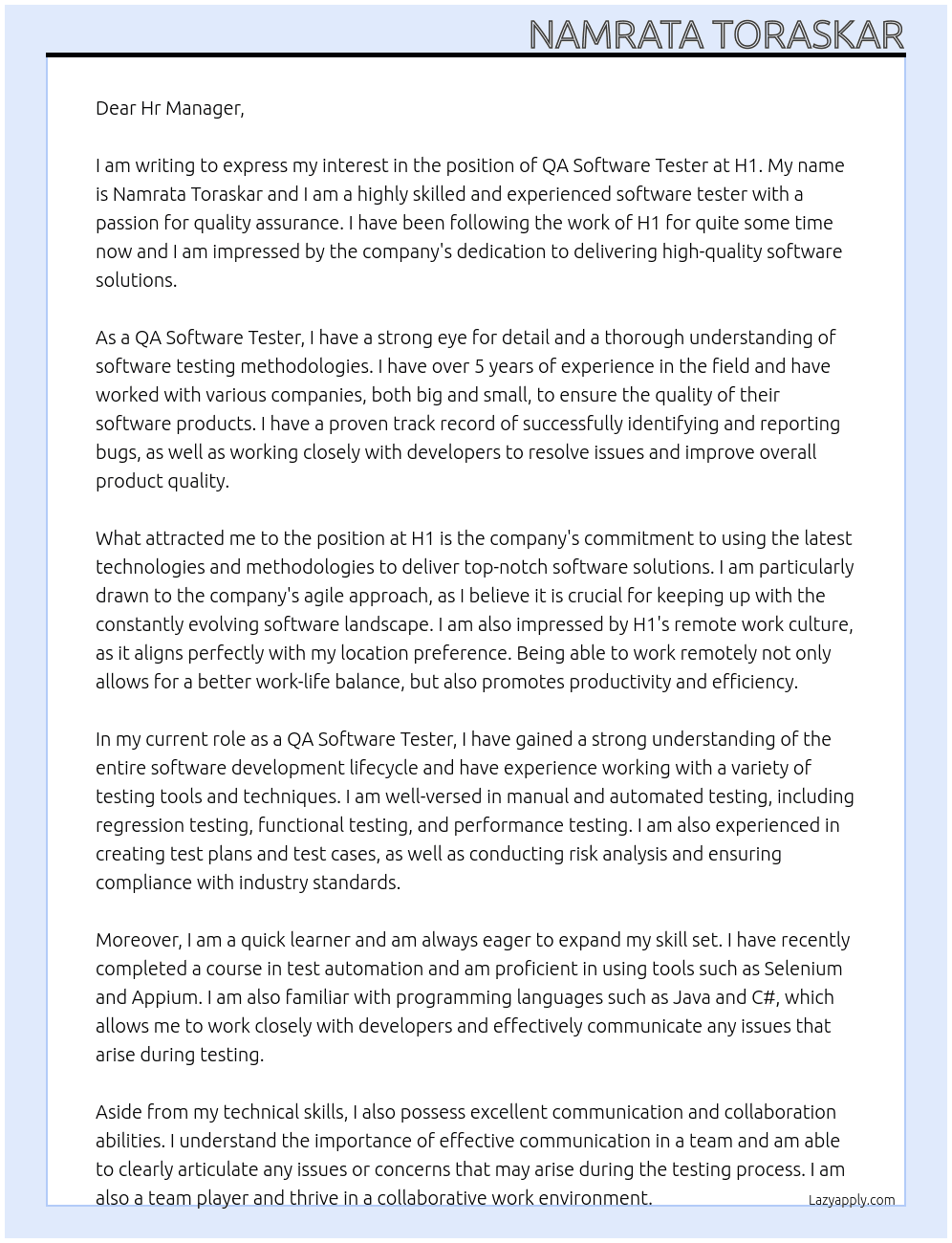 QA Software Tester At H1 Cover Letter