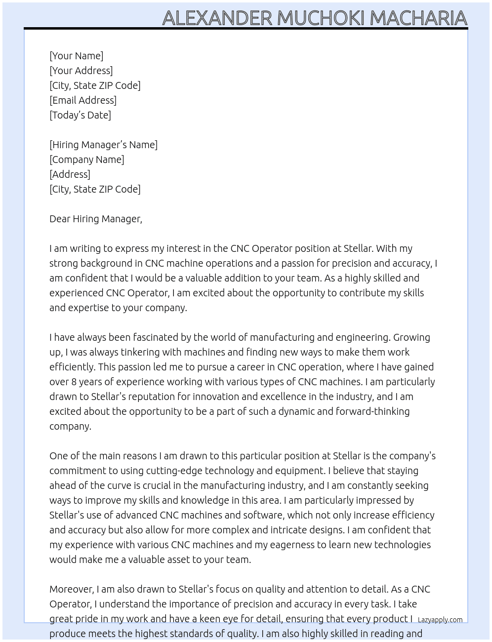 CNC operator  At Stellar  Cover Letter