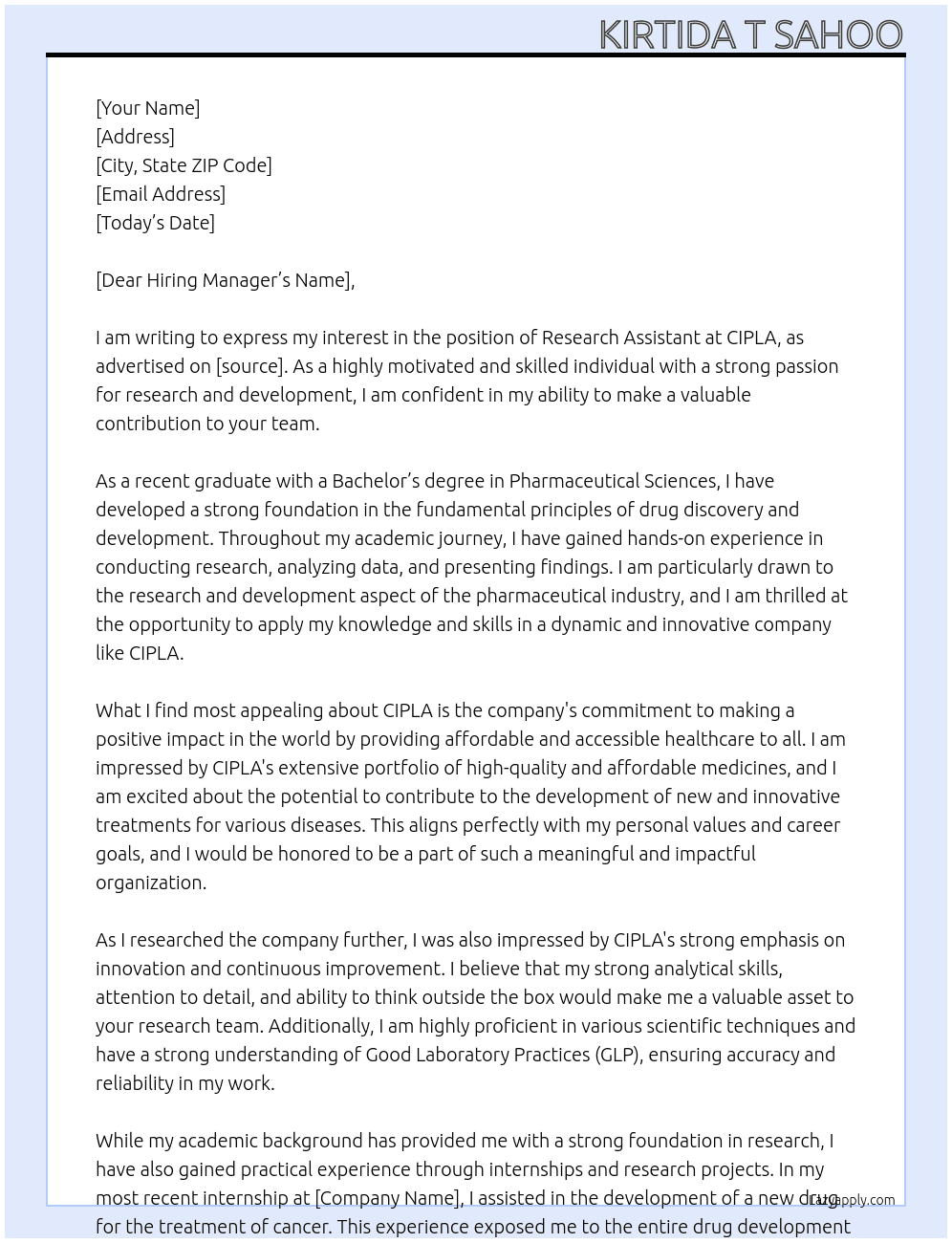 Research assistant  At CIPLA Cover Letter