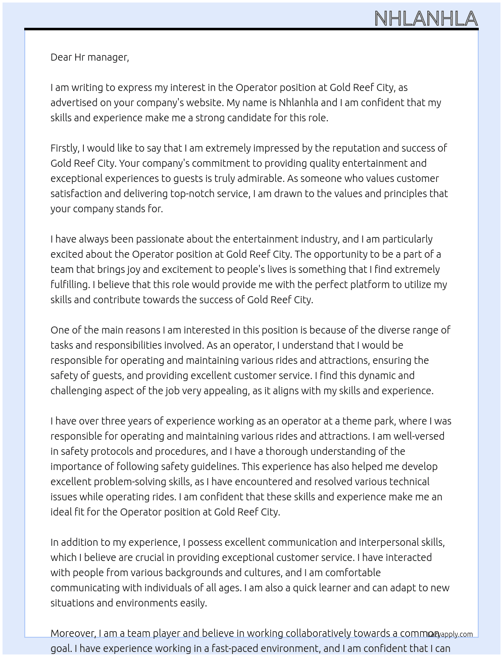 Operator At Gold reef city Cover Letter