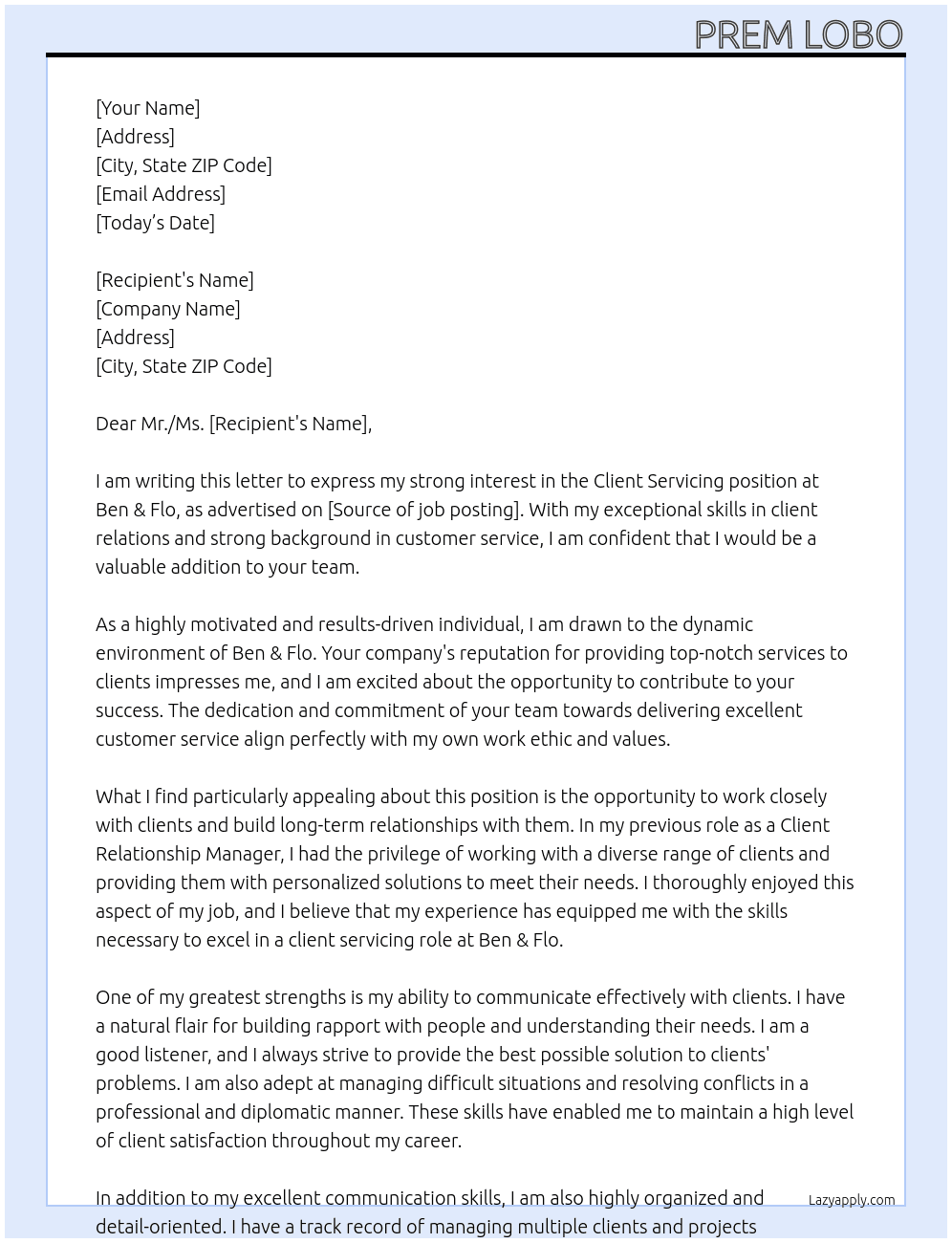 Client Servicing At Ben & Flo Cover Letter