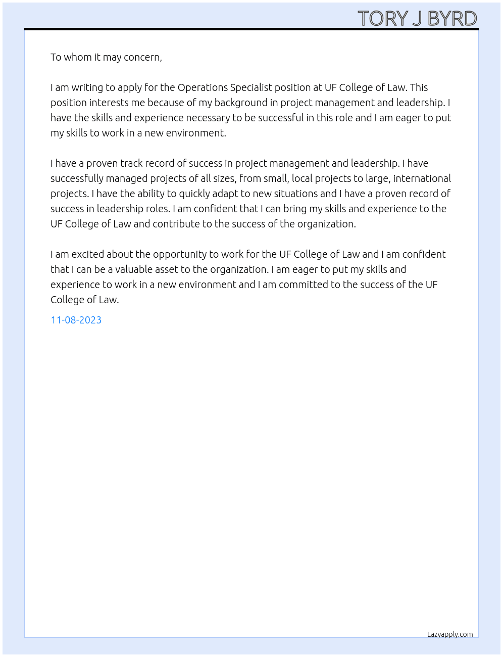 Operations Specialist At UF College of Law Cover Letter
