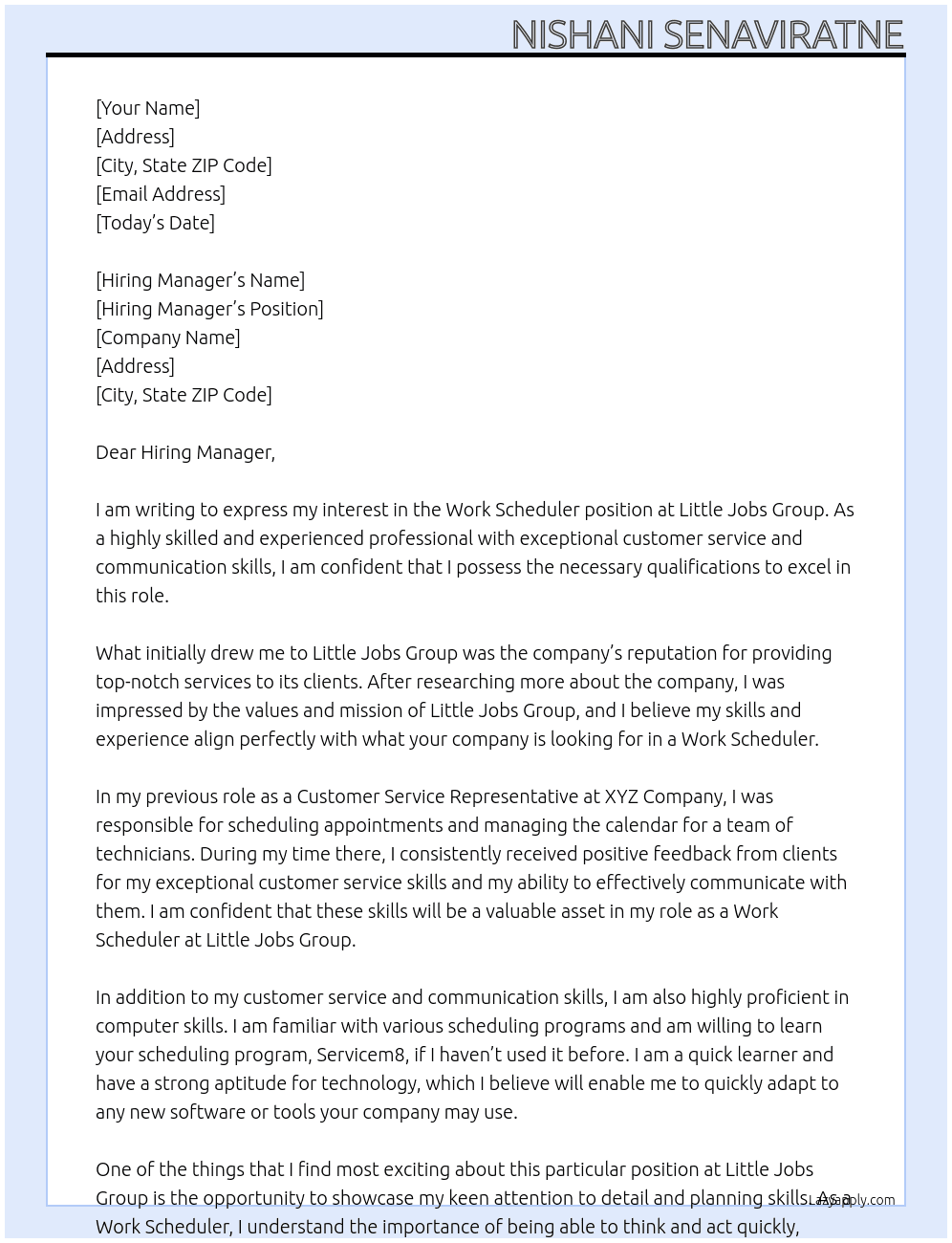Work Scheduler  At Little Jobs Group  Cover Letter
