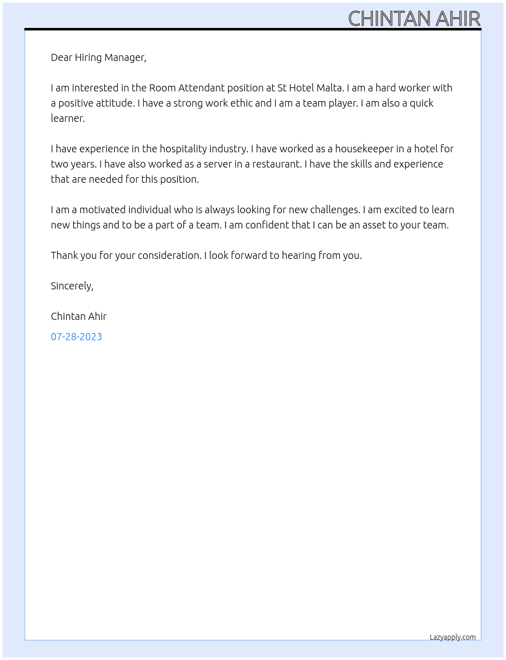 Room Attendant  At St Hotel Malta  Cover Letter