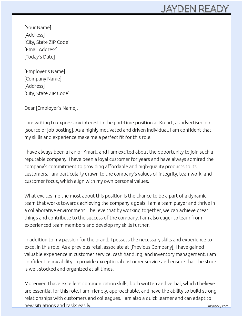 part time  At Kmart Cover Letter