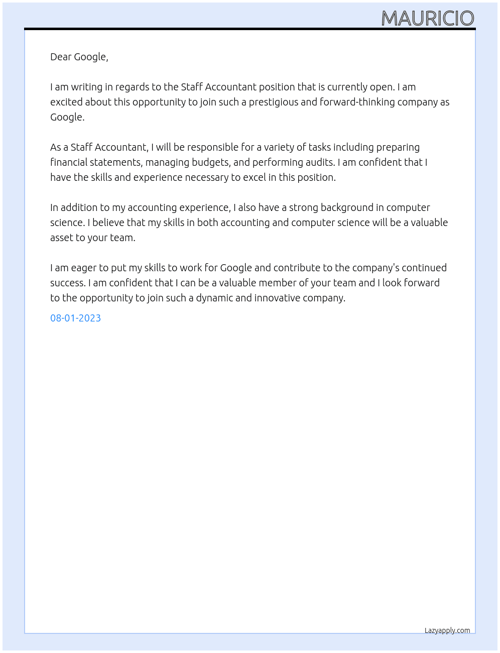 Staff Accountant At Google Cover Letter