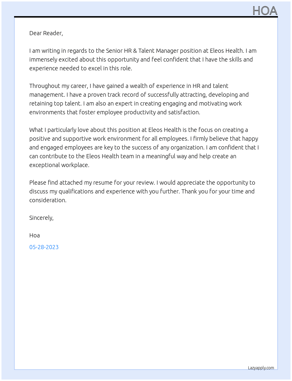 Senior HR & Talent Manager At Eleos Health Cover Letter