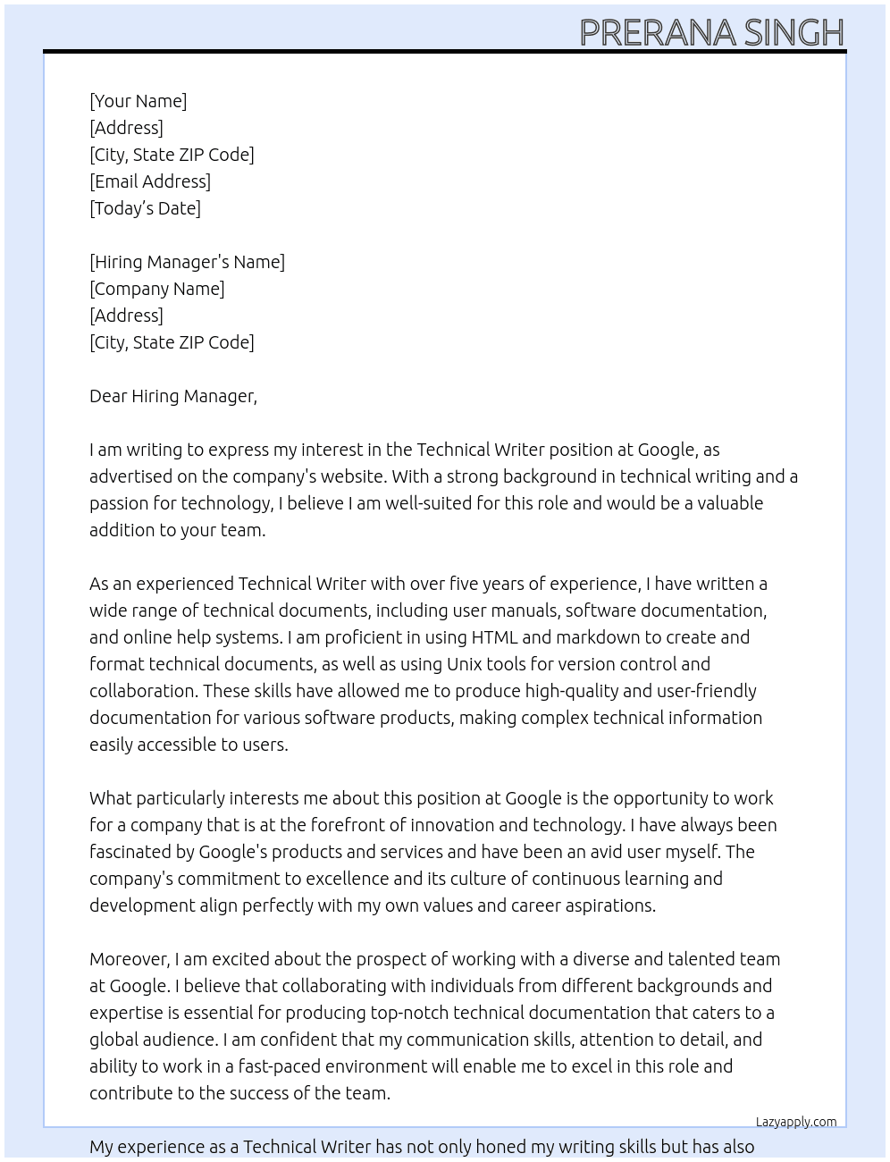 Technical Writer At Google Cover Letter