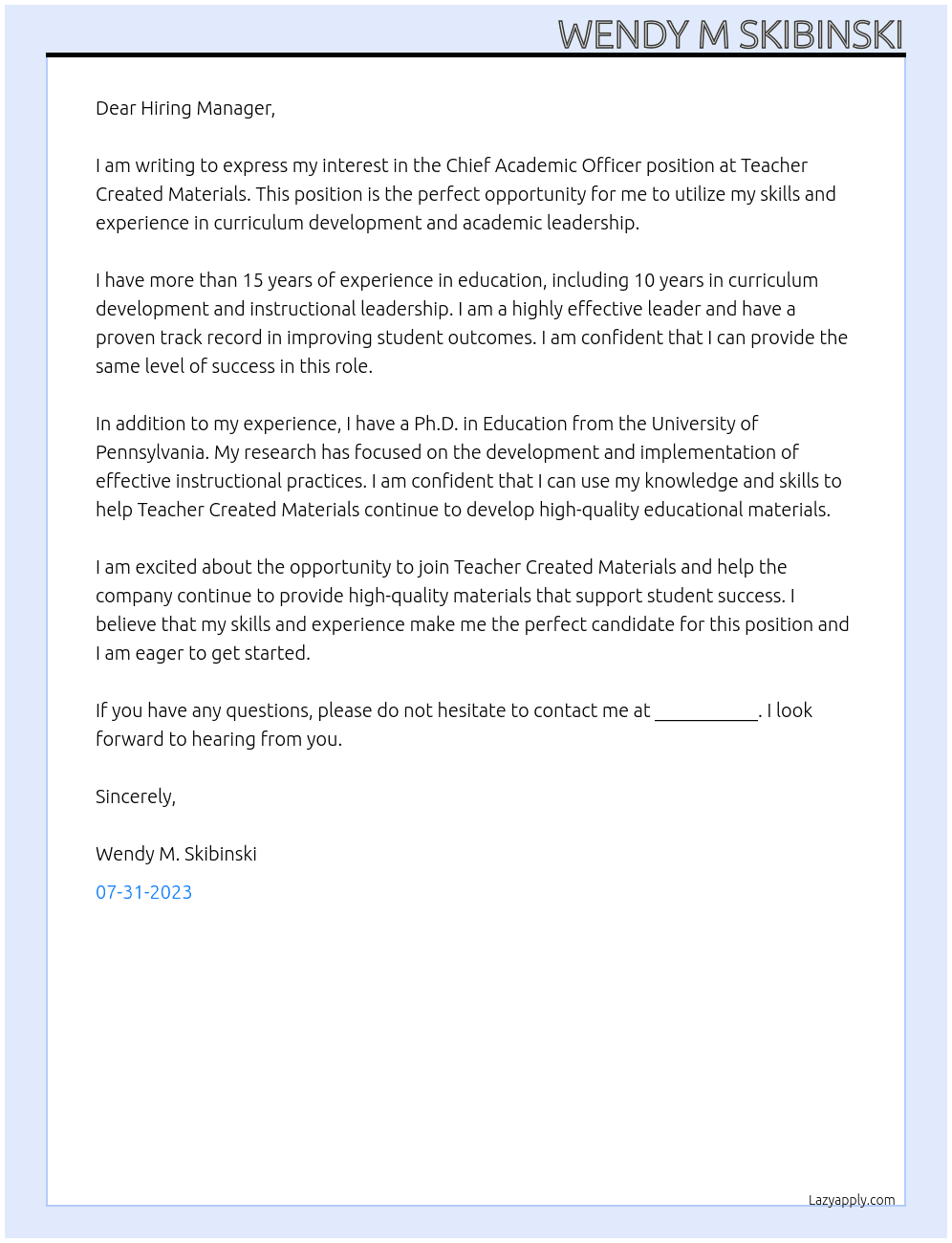 Chief Academic Officer At Teacher Created Materials Cover Letter