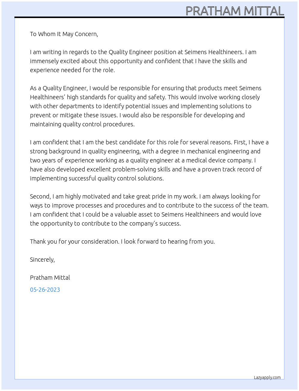 Quality Engineer At Seimens healthineers Cover Letter