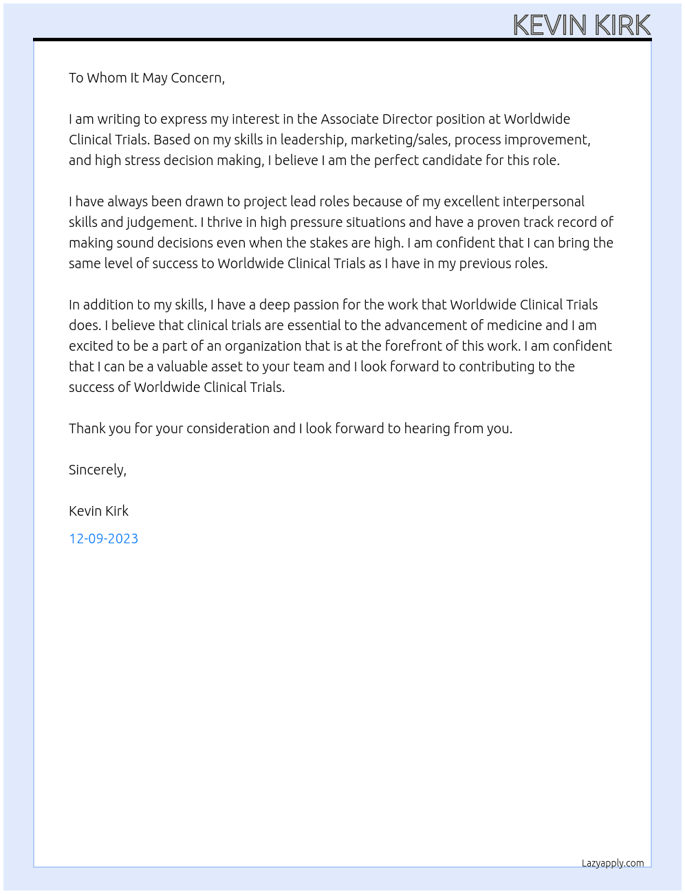 associate director At Worldwide Clinical Trials Cover Letter