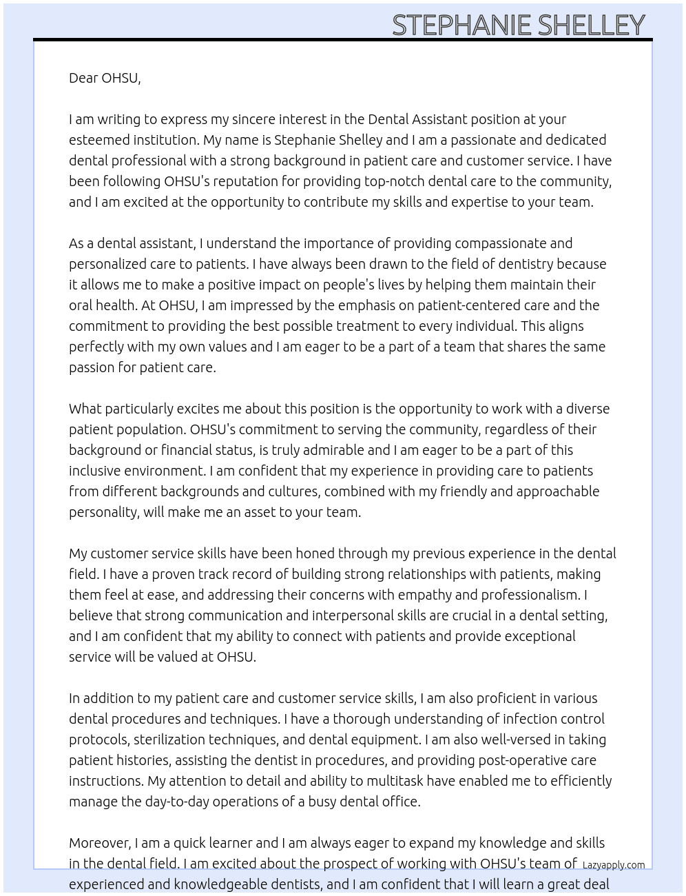 Dental assistant  At OHSU Cover Letter