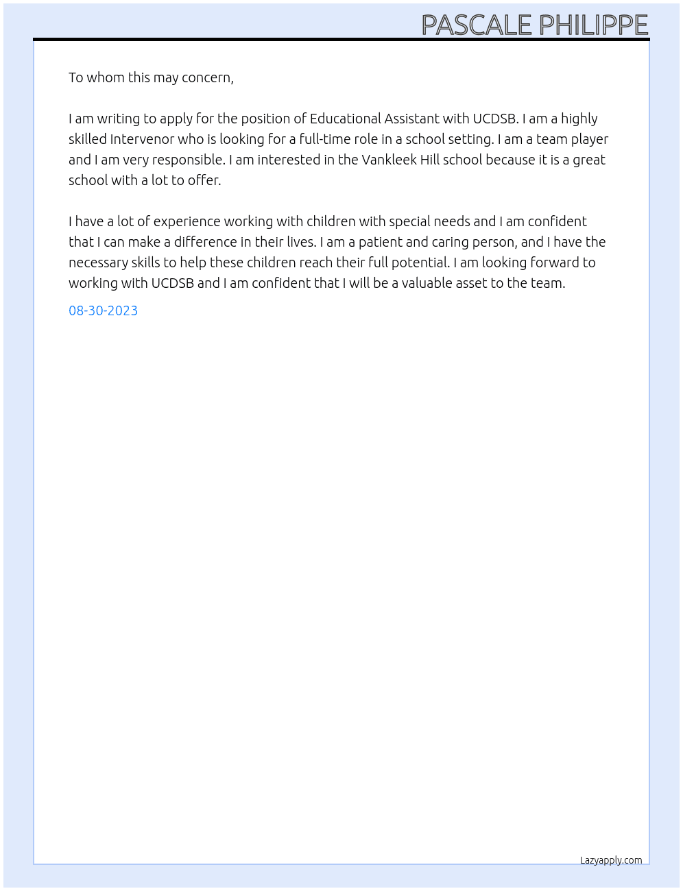 Educational Assistant At UCDSB Cover Letter