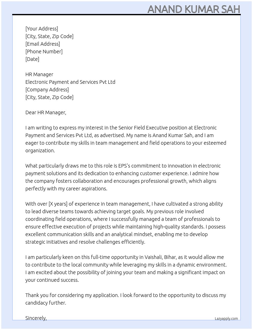 Cover letter for senior field executive - LazyApply