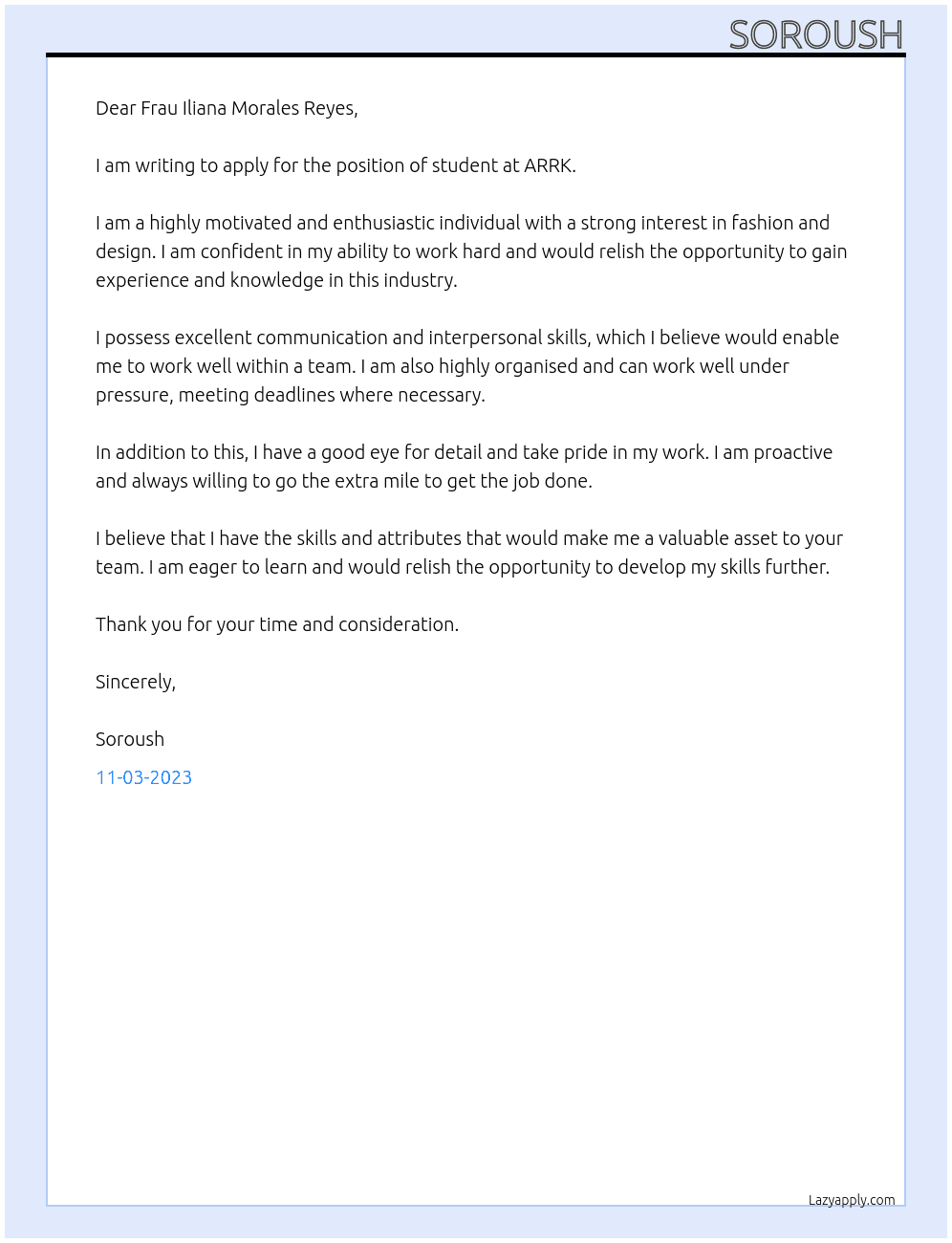 student At ARRK Cover Letter