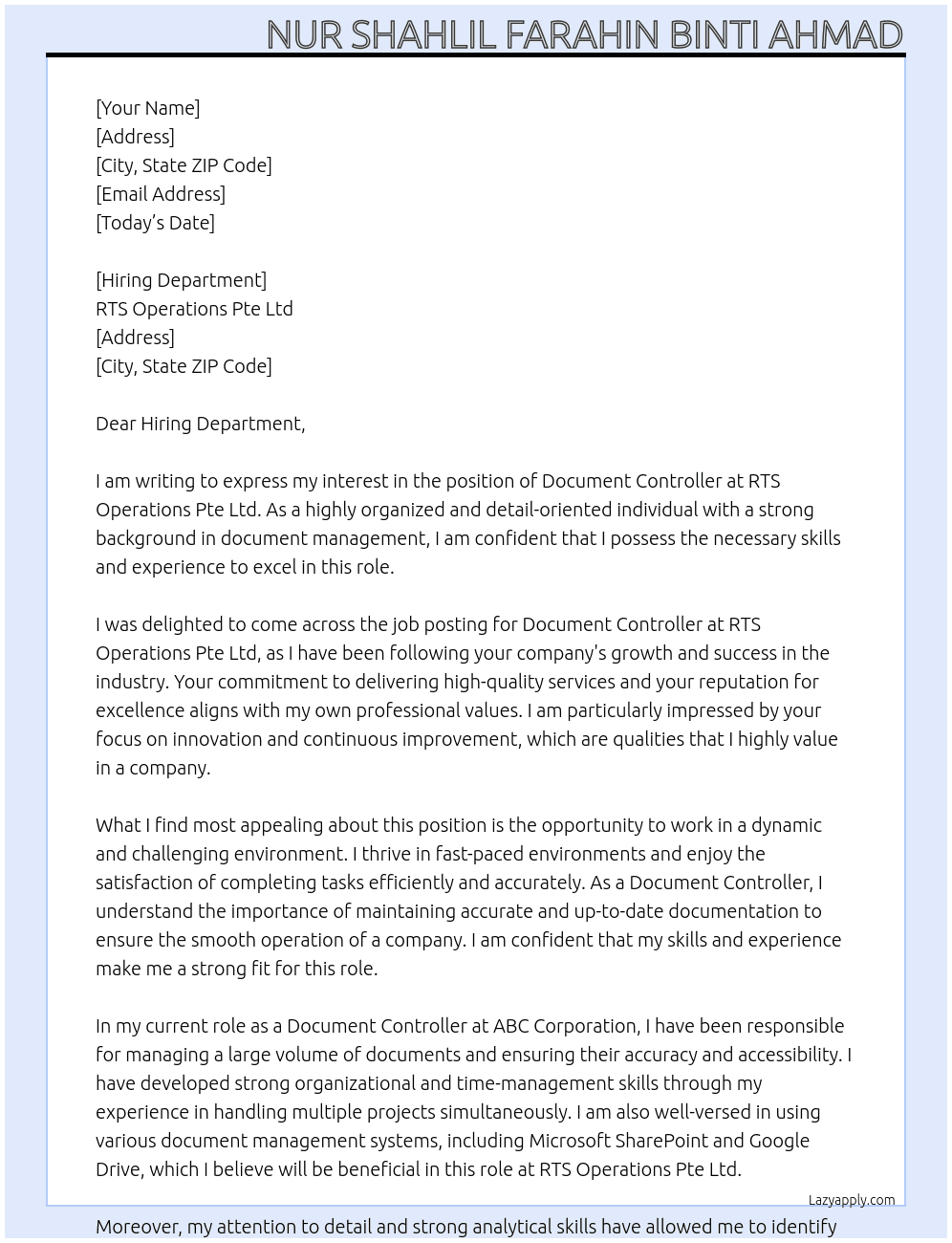 Document Controller At RTS Operations Pte Ltd Cover Letter