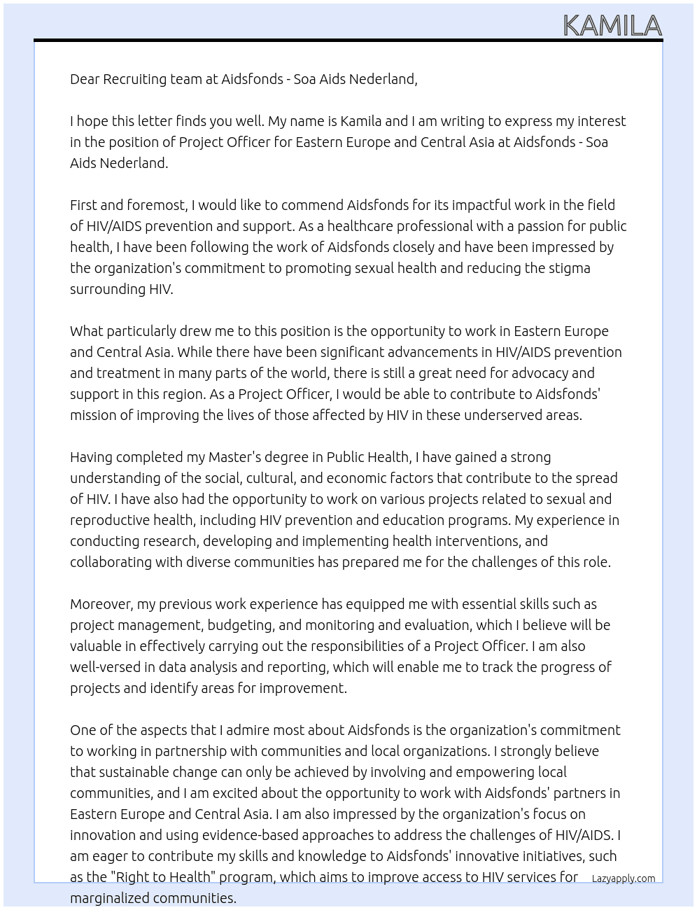 PROJECT OFFICER EASTERN EUROPE AND CENTRAL ASIA At Aidsfonds - Soa Aids Nederland  Cover Letter