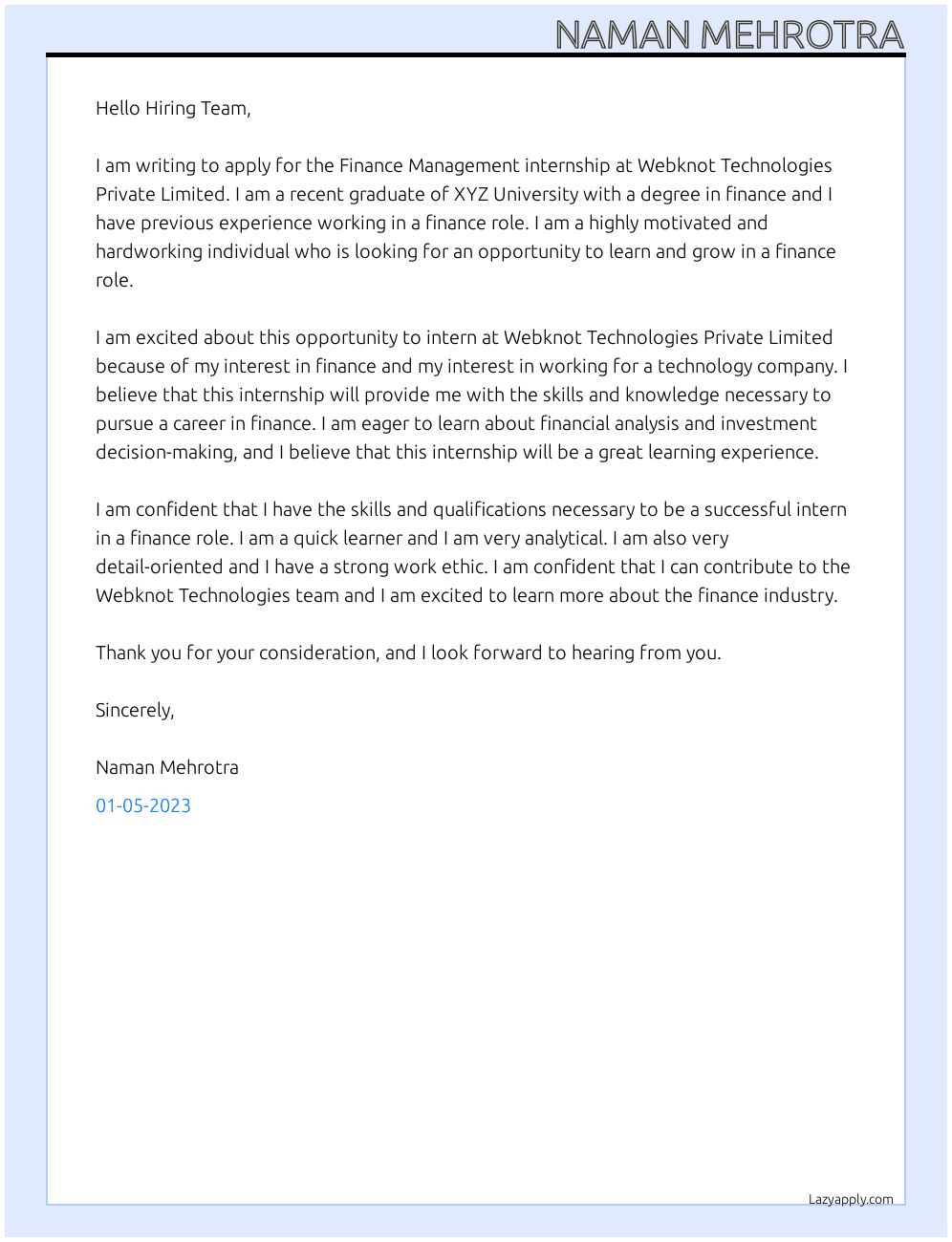 Cover letter for finance management internship - LazyApply